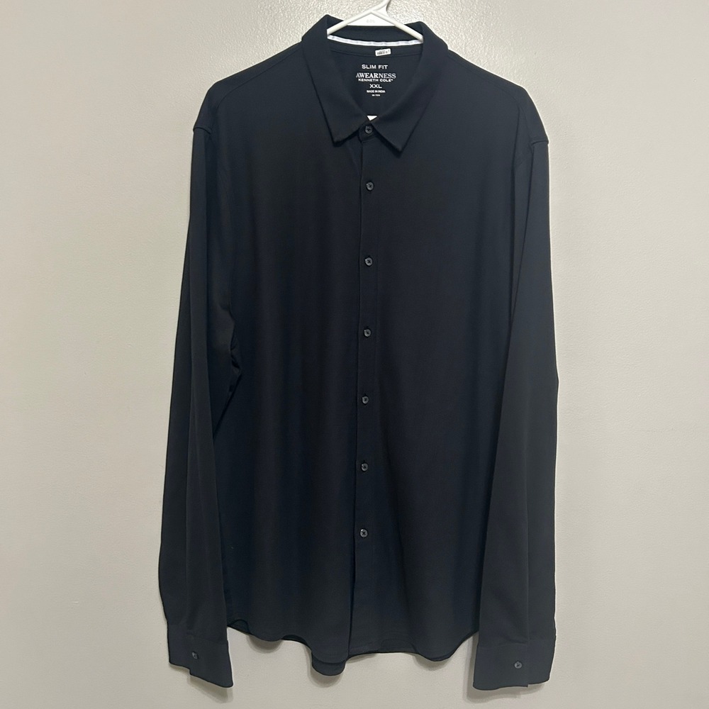 Awearness Kenneth Cole Shirt Mens XXL Black Slim Fit Long Sleeve Piqué Preppy